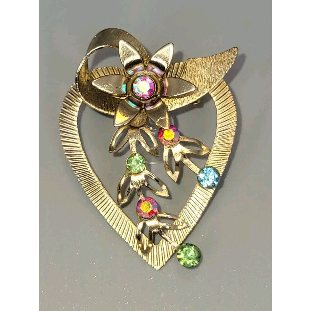 Vtg Silver Tone Heart Stacked Brooch Pink Green Blue Rhinestone Ribbon
